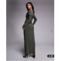 ASOS DESIGN Petite slinky long sleeve fallen shoulder with drape and ruching detail maxi dress in khaki