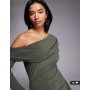 ASOS DESIGN Petite slinky long sleeve fallen shoulder with drape and ruching detail maxi dress in khaki