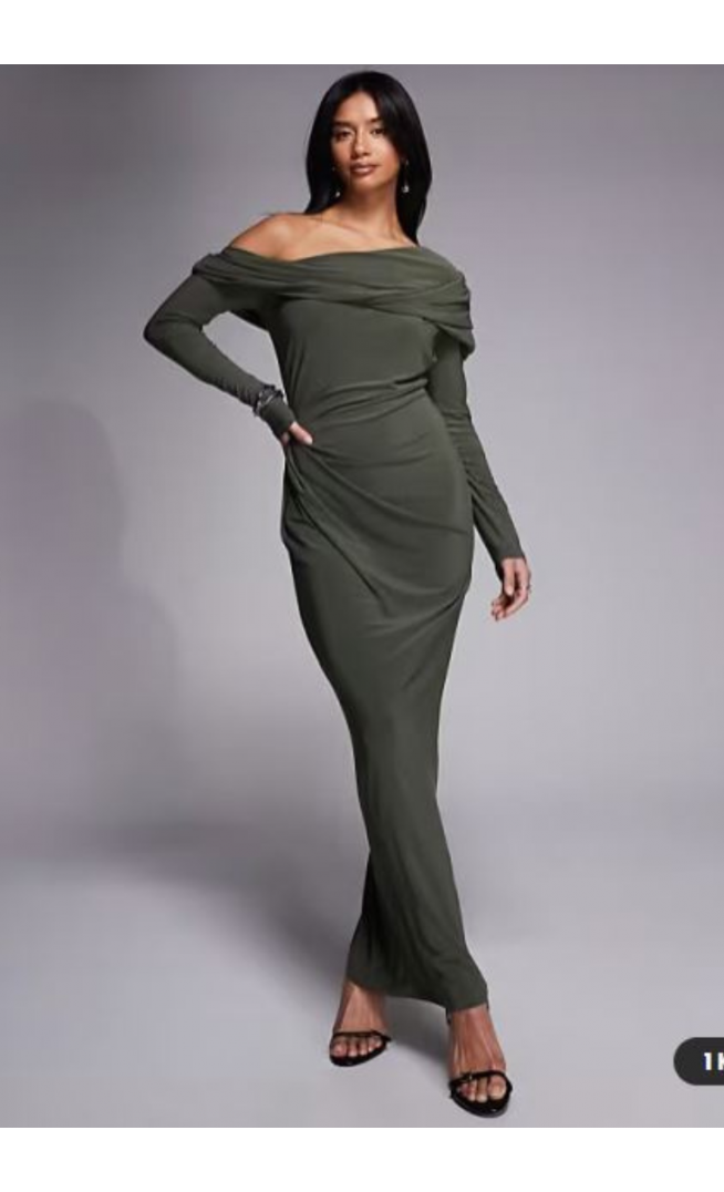ASOS DESIGN Petite slinky long sleeve fallen shoulder with drape and ruching detail maxi dress in khaki