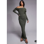 ASOS DESIGN Petite slinky long sleeve fallen shoulder with drape and ruching detail maxi dress in khaki