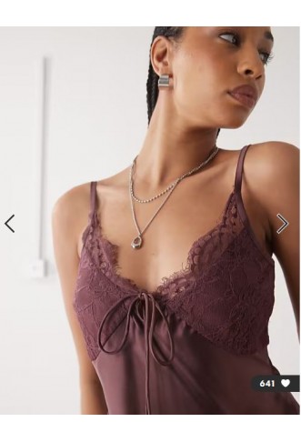 Reclaimed Vintage lingerie tea top with lace trims in plum brown