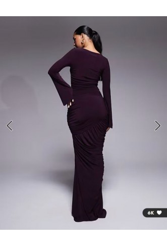 ASOS DESIGN sculpting gauged panelled maxi dress with long sleeves in plum