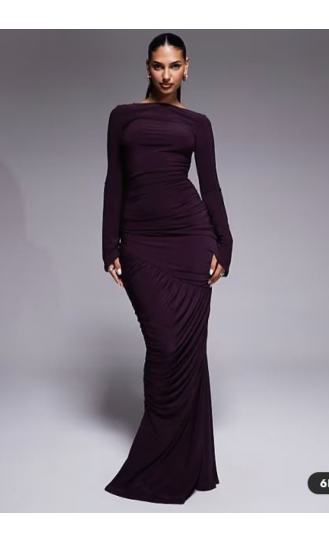 ASOS DESIGN sculpting gauged panelled maxi dress with long sleeves in plum