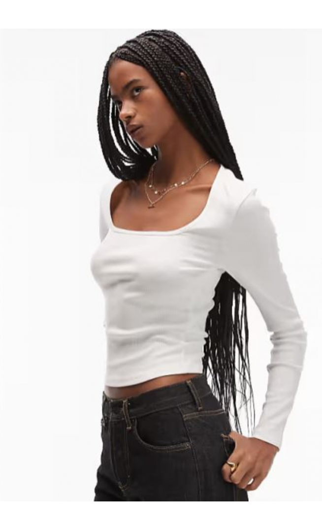 ASOS DESIGN square neck rib long sleeve top in cream