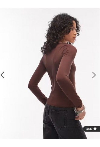 ASOS DESIGN slinky slash neck long sleeve top in chocolate