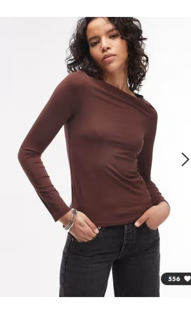 ASOS DESIGN slinky slash neck long sleeve top in chocolate