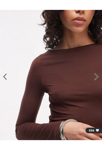 ASOS DESIGN slinky slash neck long sleeve top in chocolate