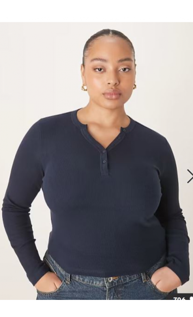 ASOS DESIGN Curve shrunken waffle long sleeve henley tee in navy