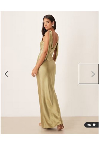 Pretty Lavish Bridesmaid Piper satin bow shoulder v neck maxi dress in olive green