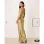 Pretty Lavish Bridesmaid Piper satin bow shoulder v neck maxi dress in olive green