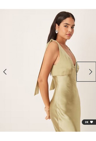 Pretty Lavish Bridesmaid Piper satin bow shoulder v neck maxi dress in olive green
