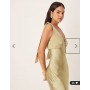 Pretty Lavish Bridesmaid Piper satin bow shoulder v neck maxi dress in olive green