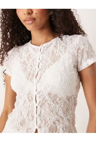 ASOS DESIGN co-ord textured lace button through sleeve top in ivory