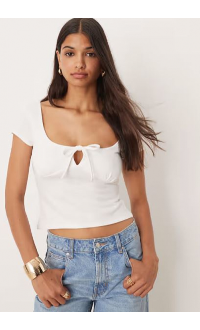 ASOS DESIGN milkmaid cap sleeve ruched bust top with tie detail in cream