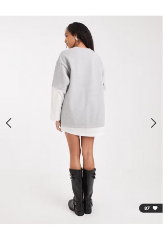 ASOS DESIGN T-shirt mini dress with oversized shirt under layer in white and grey