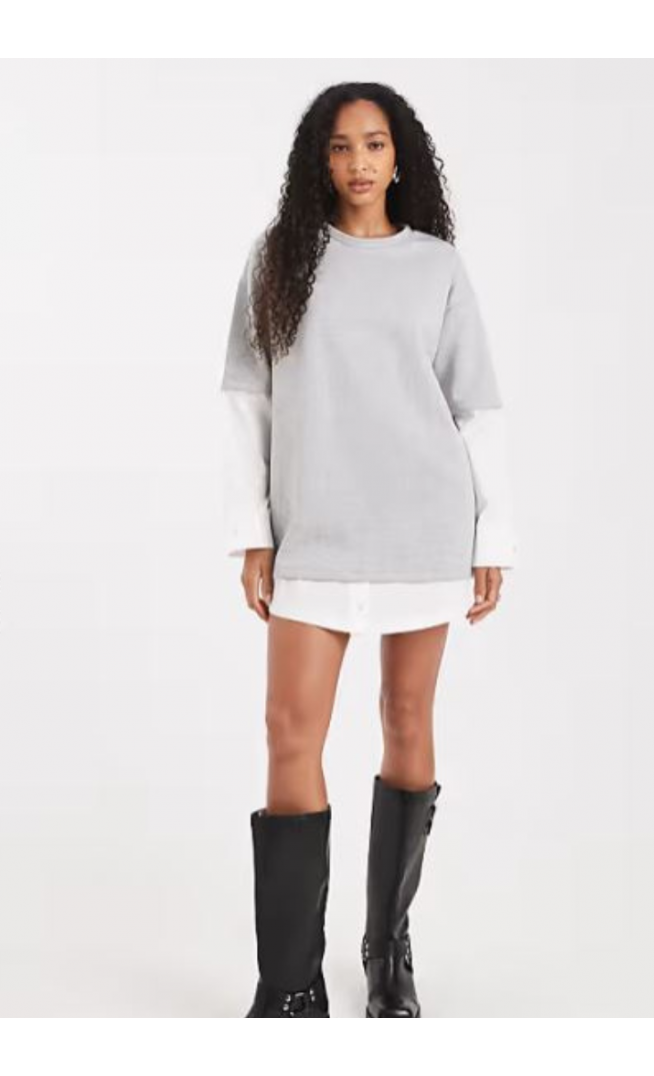 ASOS DESIGN T-shirt mini dress with oversized shirt under layer in white and grey