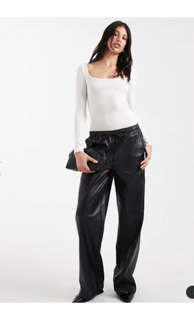 Vero Moda Tall tie waist wide leg faux leather trouser in black