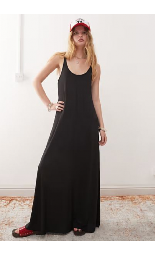 Monki strappy floaty maxi dress in black