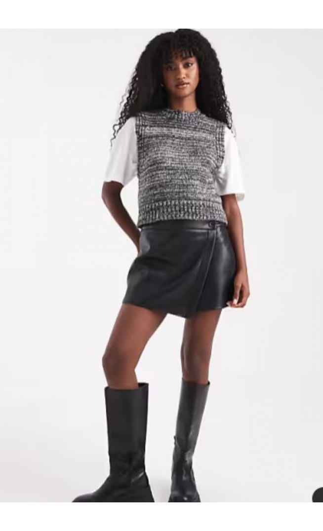 ASOS DESIGN faux leather button detail wrap skort in black