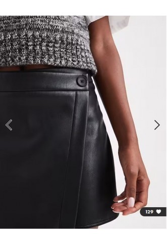 ASOS DESIGN faux leather button detail wrap skort in black