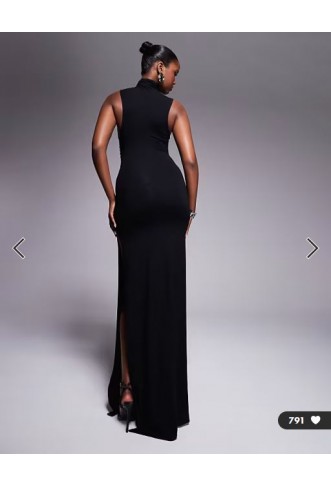 ASOS DESIGN high neck ruched asymmetric seam maxi dress in black - BLACK