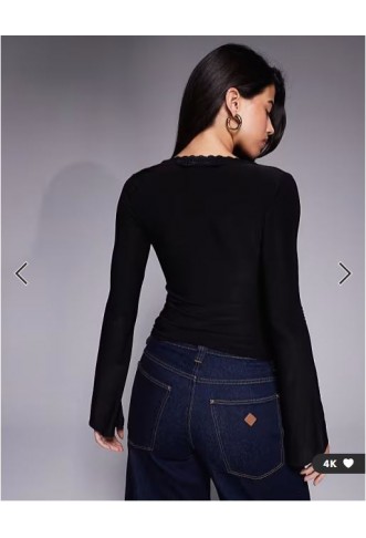 ASOS DESIGN slinky flared sleeve lace trim tie detail in black
