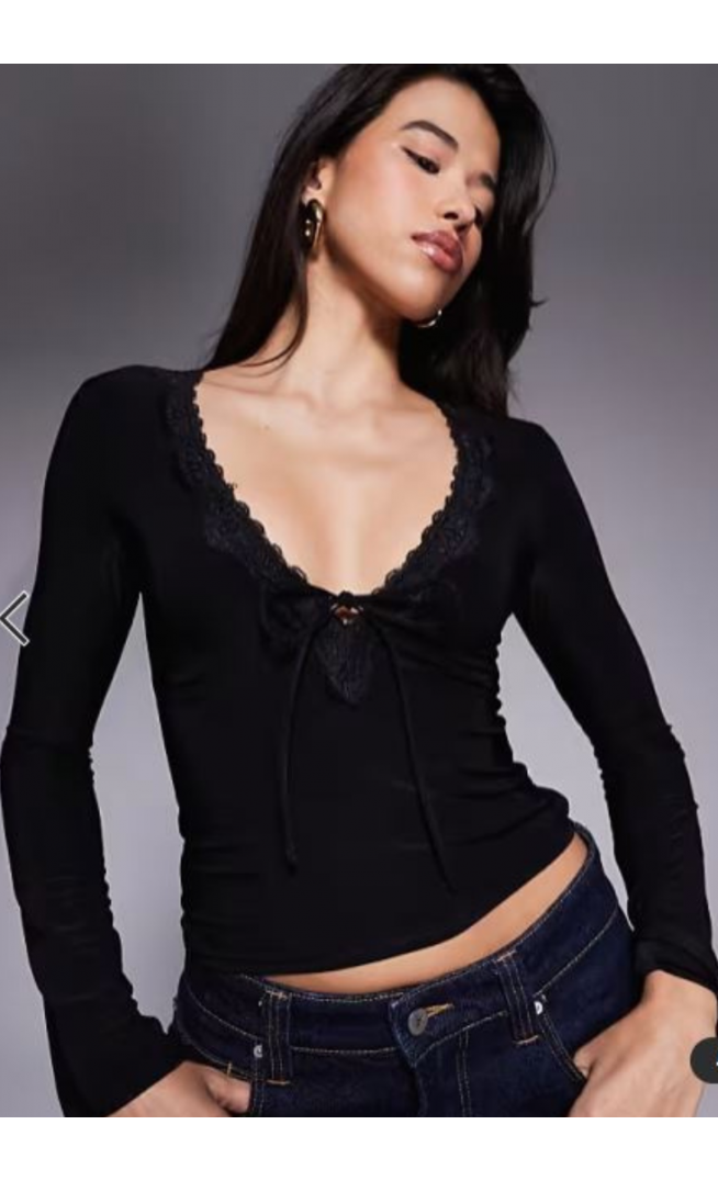 ASOS DESIGN slinky flared sleeve lace trim tie detail in black