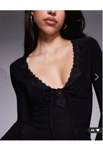 ASOS DESIGN slinky flared sleeve lace trim tie detail in black
