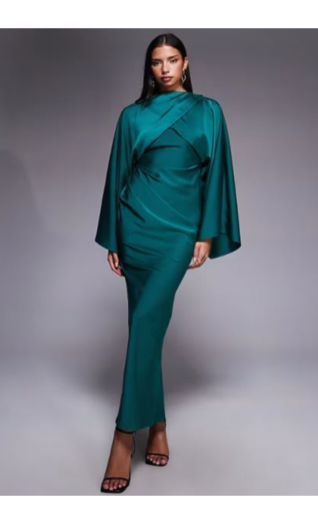 ASOS DESIGN wrap front batwing satin bias maxi dress in green