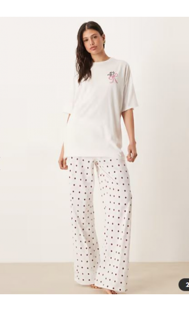 ASOS DESIGN Tall oversized tee and wide leg trouser pyjama set in girls night graphic