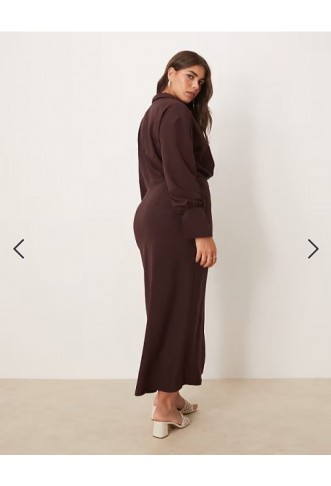 ASOS DESIGN Curve wrap shirt midi dress with seaming details in chocolate