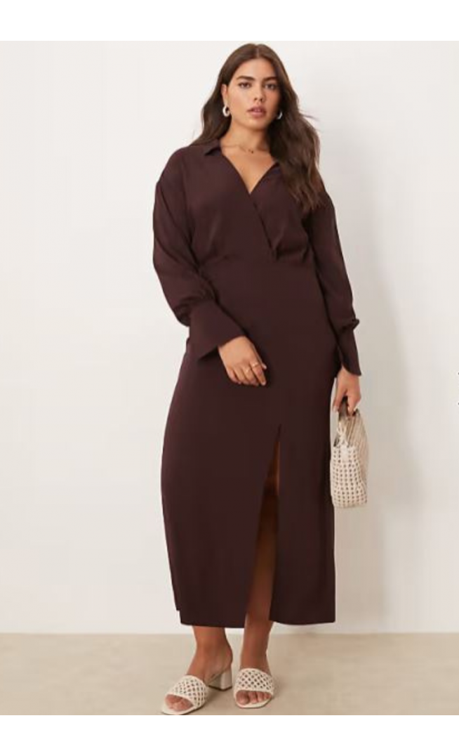 ASOS DESIGN Curve wrap shirt midi dress with seaming details in chocolate