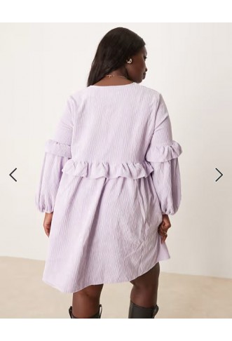 ASOS DESIGN Curve - Aangerimpelde mini jurk van corduroy met ruches in lila