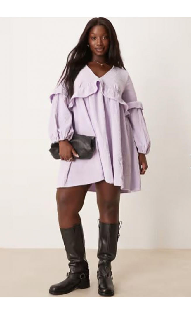 ASOS DESIGN Curve - Aangerimpelde mini jurk van corduroy met ruches in lila