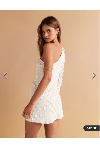 ASOS DESIGN one sleeve pearl sequin crochet mini dress in cream