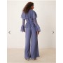 ASOS DESIGN exaggerated ruffle sleeve jumpsuit with cut out waist in blue