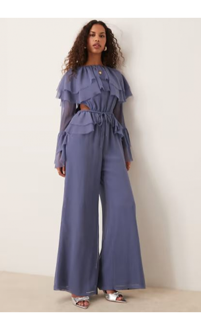 ASOS DESIGN exaggerated ruffle sleeve jumpsuit with cut out waist in blue