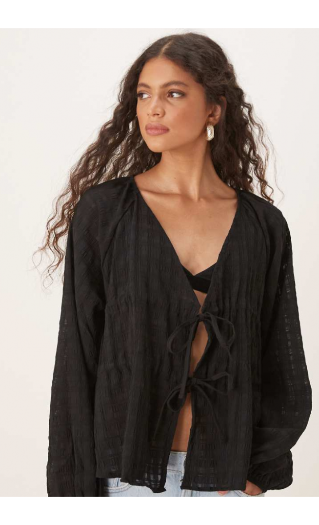 ASOS DESIGN Textured Plunge Tie Detail Blouse-black