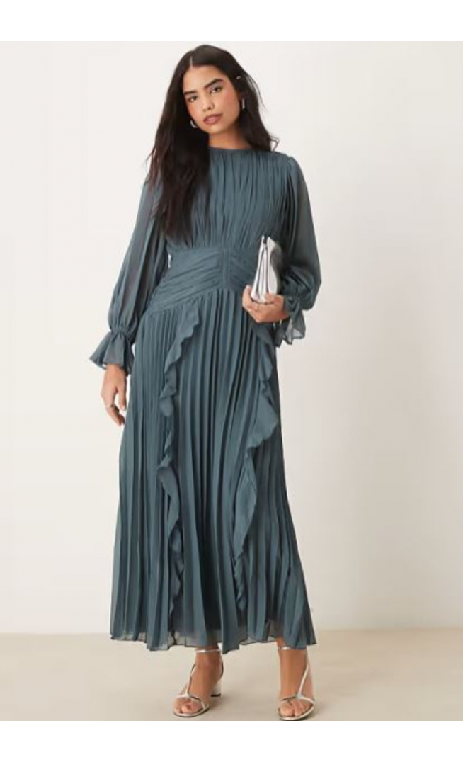 ASOS DESIGN high neck ruched belt detail maxi dress in dark slate