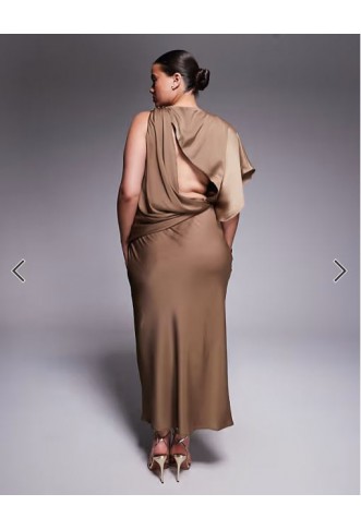ASOS DESIGN Curve drape bodice satin midi dress with trim detail in chocolate