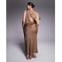ASOS DESIGN Curve drape bodice satin midi dress with trim detail in chocolate