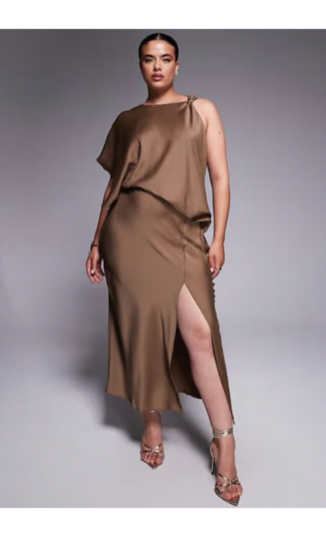 ASOS DESIGN Curve drape bodice satin midi dress with trim detail in chocolate