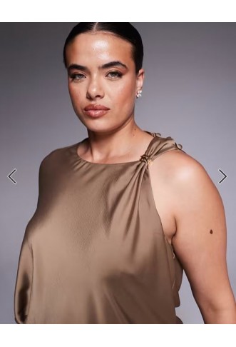 ASOS DESIGN Curve drape bodice satin midi dress with trim detail in chocolate