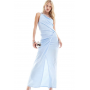 Women's Blue Plisse One Shoulder Premium Drape Maxi Dress With Super High Split