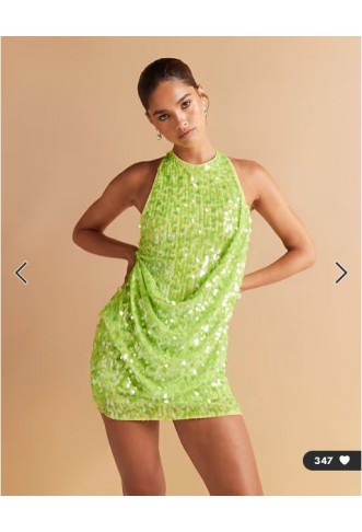 ASOS DESIGN embellished sequin draped front mini dress with high neck and open back in neon green