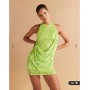 ASOS DESIGN embellished sequin draped front mini dress with high neck and open back in neon green