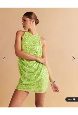 ASOS DESIGN embellished sequin draped front mini dress with high neck and open back in neon green