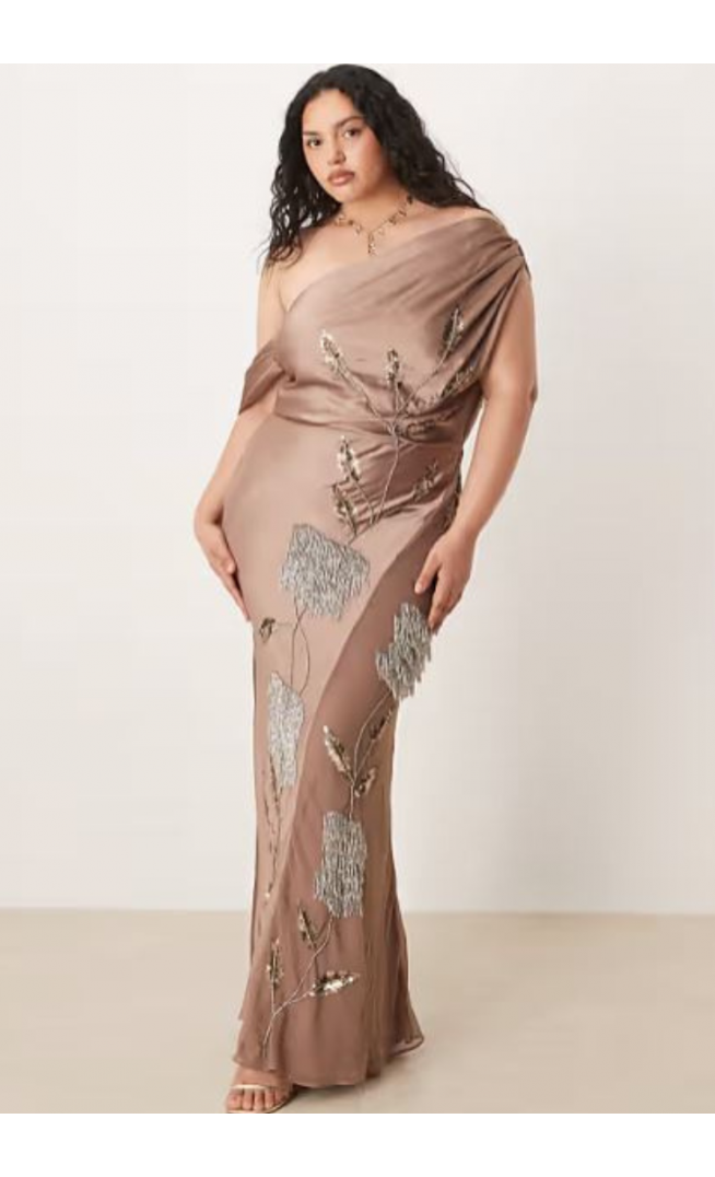 ASOS DESIGN Curve floral embellished chiffon satin mix maxi dress in mocha