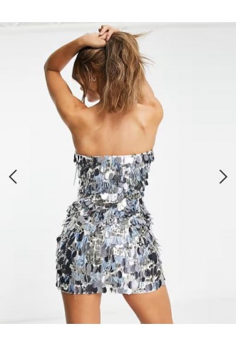 ASOS DESIGN embellished mini bandeau dress with diamante and disc sequin detail in silver