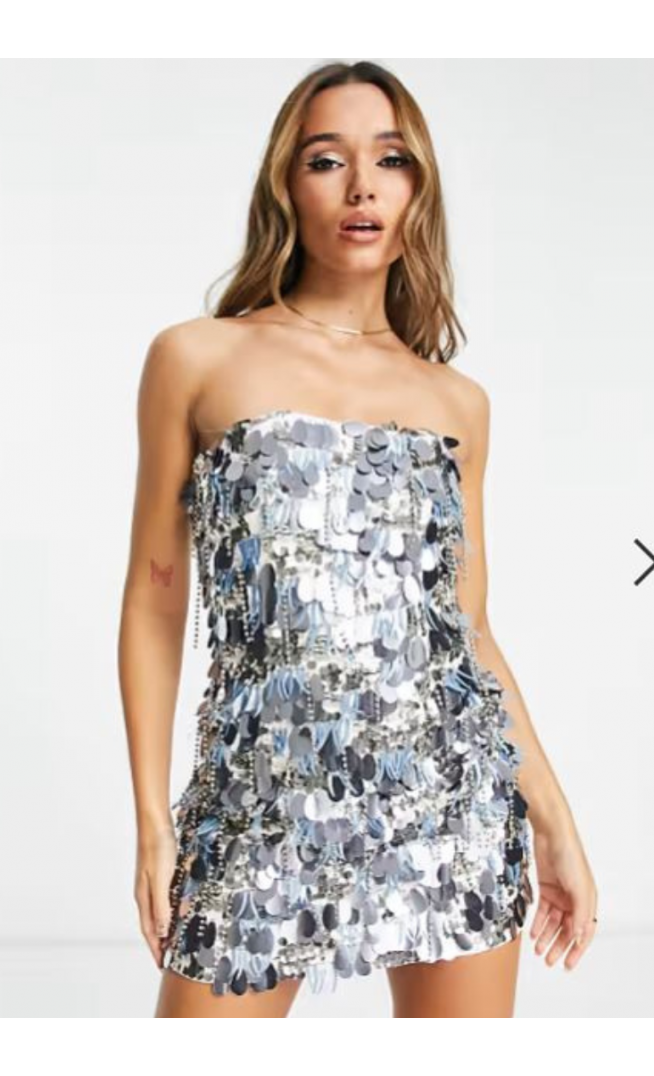 ASOS DESIGN embellished mini bandeau dress with diamante and disc sequin detail in silver